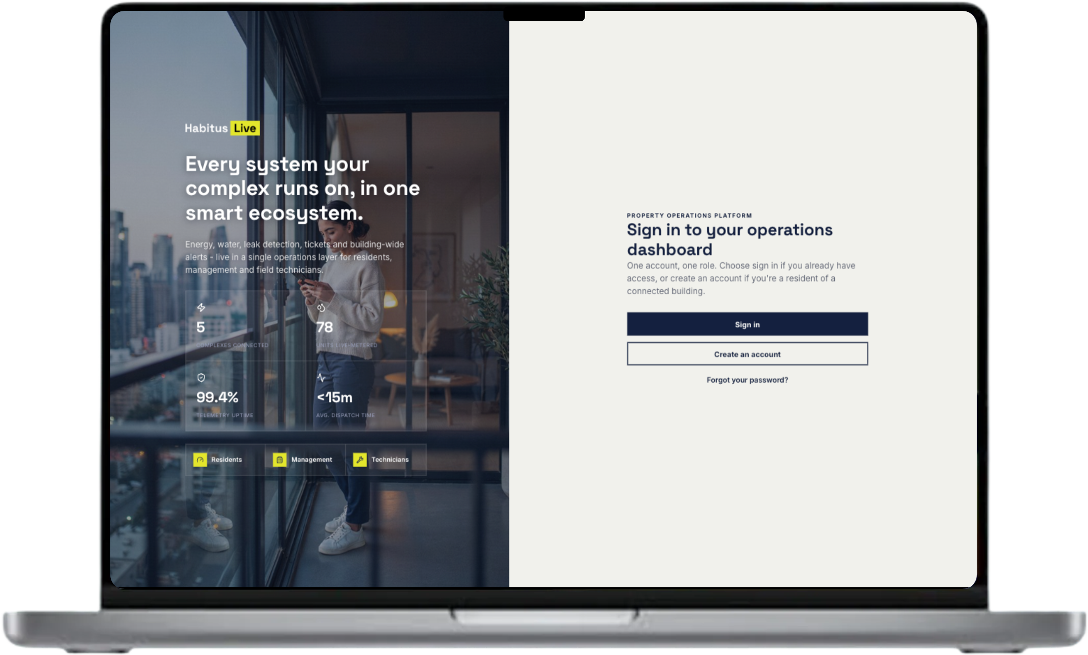 Habitus Live dashboard and sign-in screen